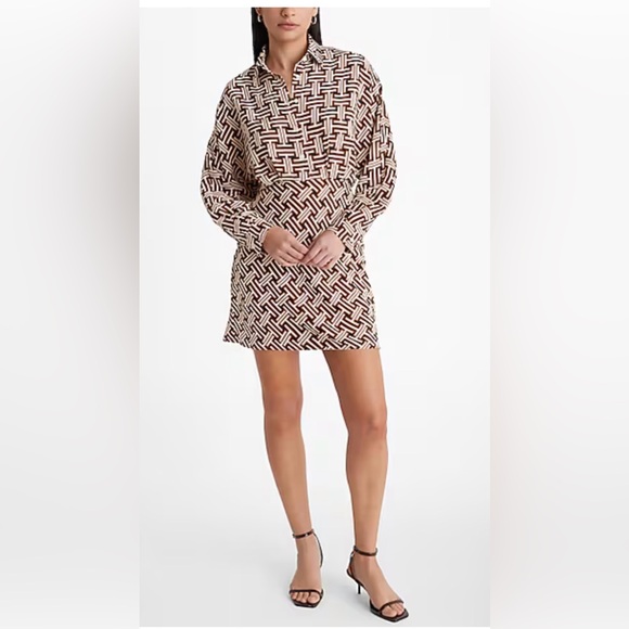 Express Printed Collared Half Button Up Mini Portofino Shirt Dress Size Large - Picture 1 of 4